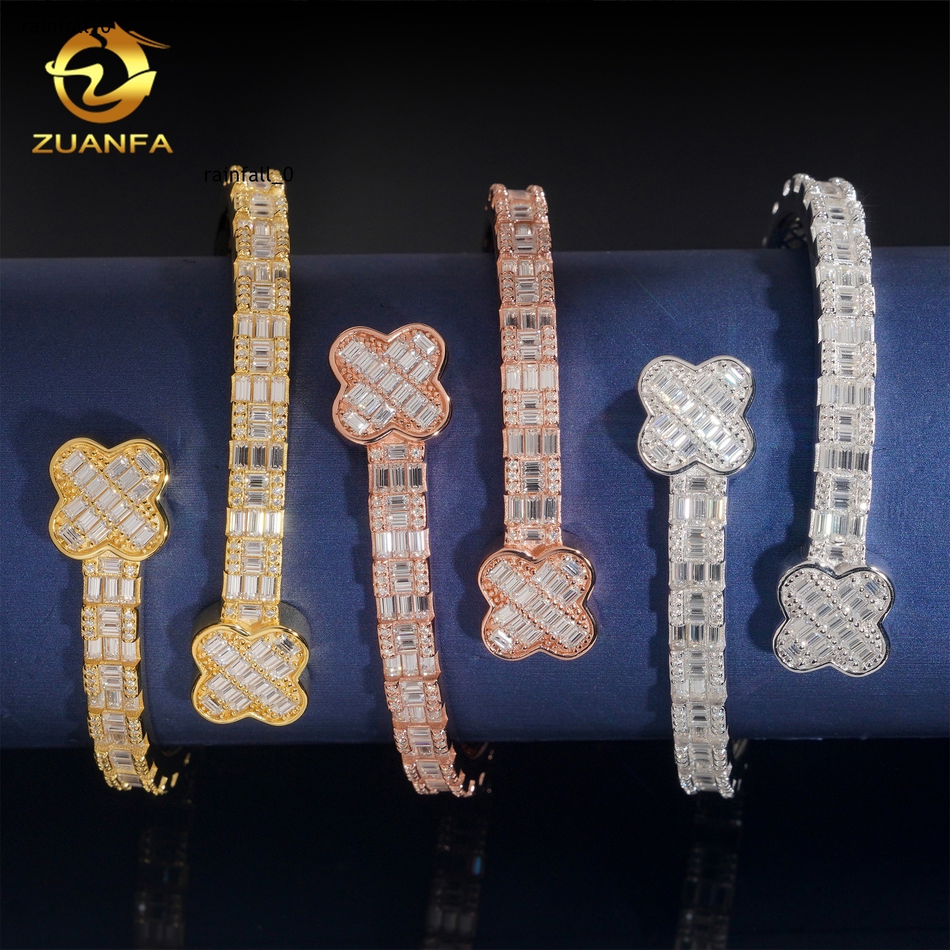 925 Sterling Silver Iced Out Hip Hop Jewelry VVS Moissanite Diamond Four Leaf Clover Bracelet Bangle Men