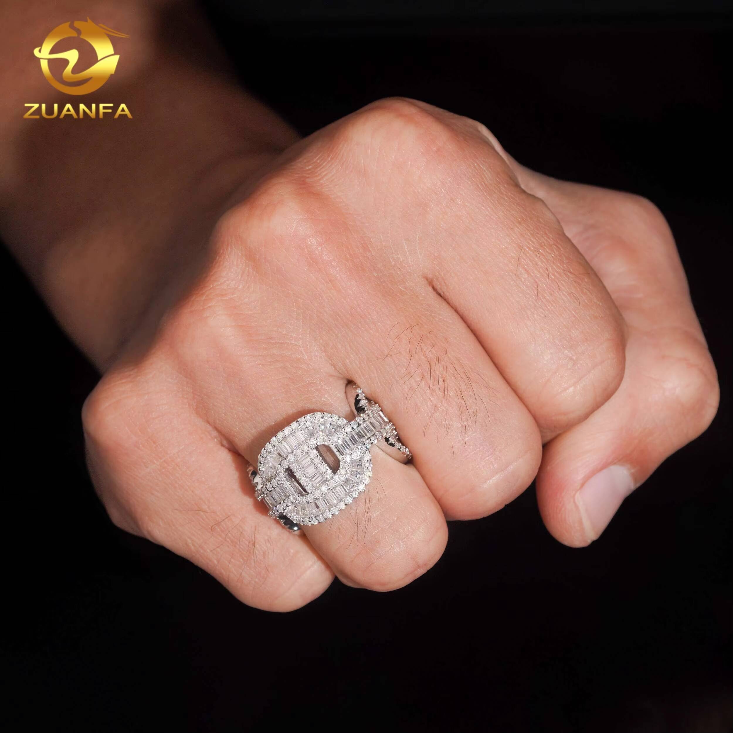 Hip Hop Style Pig Nose Baguette Cut Moissanite Men Diamond Rings 925 Silver Ice Out Ring Hip Hop Ring