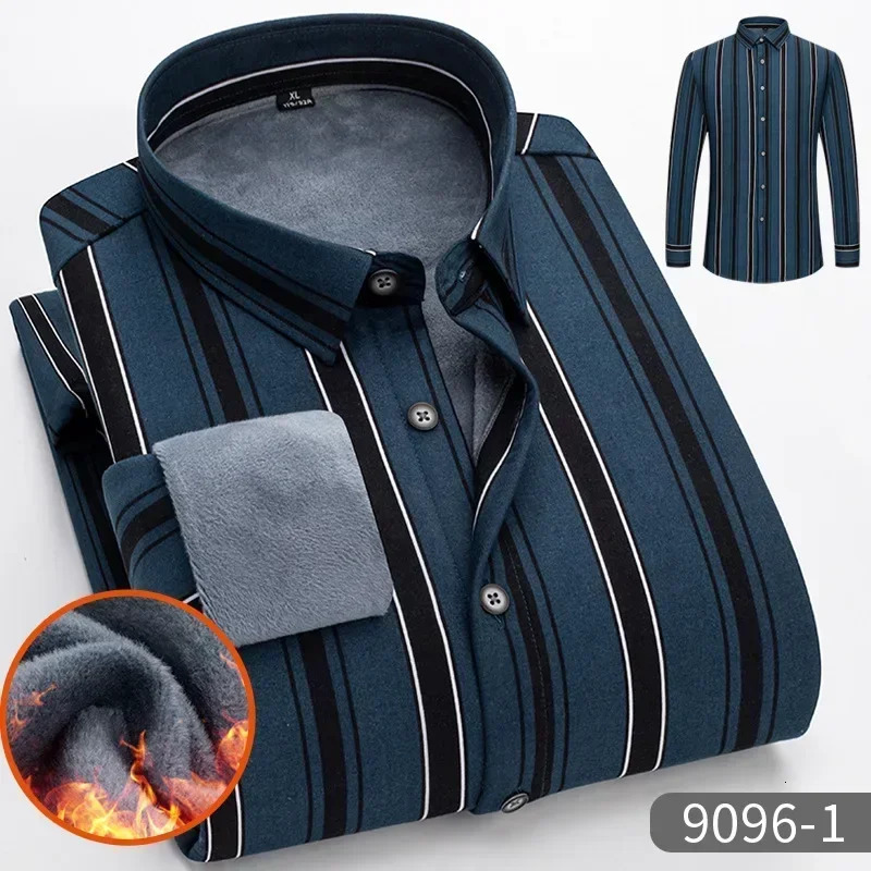 Mens Striped Long Sleeve Warm Shirts Singlebreasted Turndown Collar Business Shirt Fleece Lined Tops for Men 251029