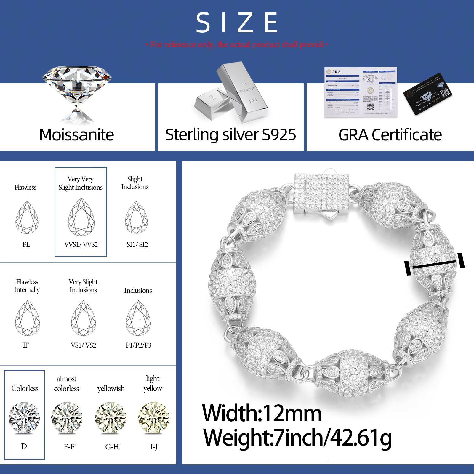 New Arrival Rapper Hip Hop Jewelry 12mm 925 Silver Vvs Moissanite Diamond Iced Out Olive Bracelet With Gra Certificate