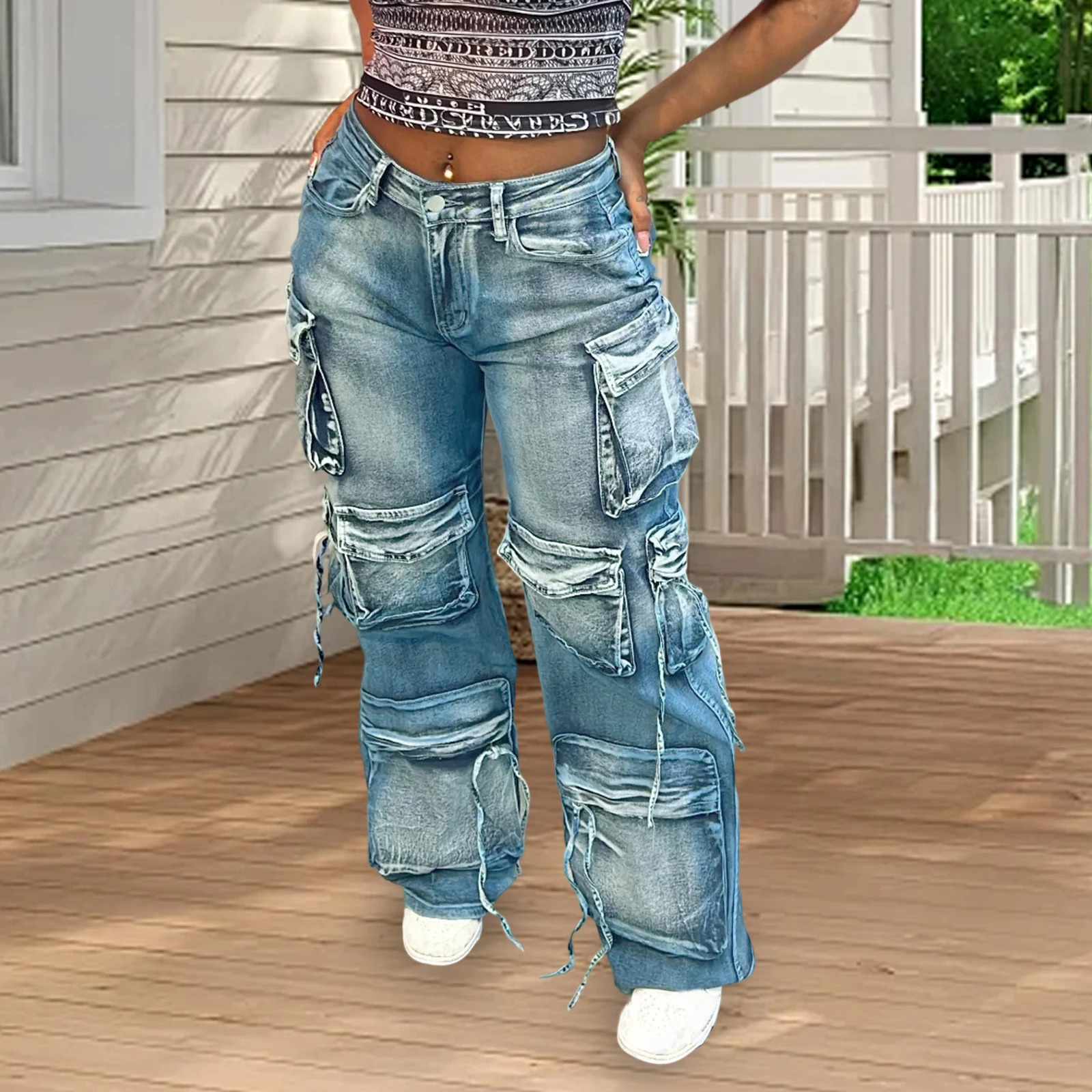 Retro Womens Cargo Jeans Mid Rise Denim Pants with MultiPockets Casual Long Trousers for Outdoor Office 251029