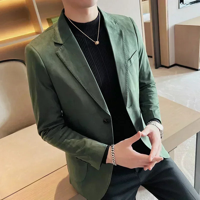 Fashion Slim Men Blazer Highend Deerskin Velvet Thick Solid Color Suit Jacket Gray Dark Green Brown Top Autumn and Winter Coat 251028