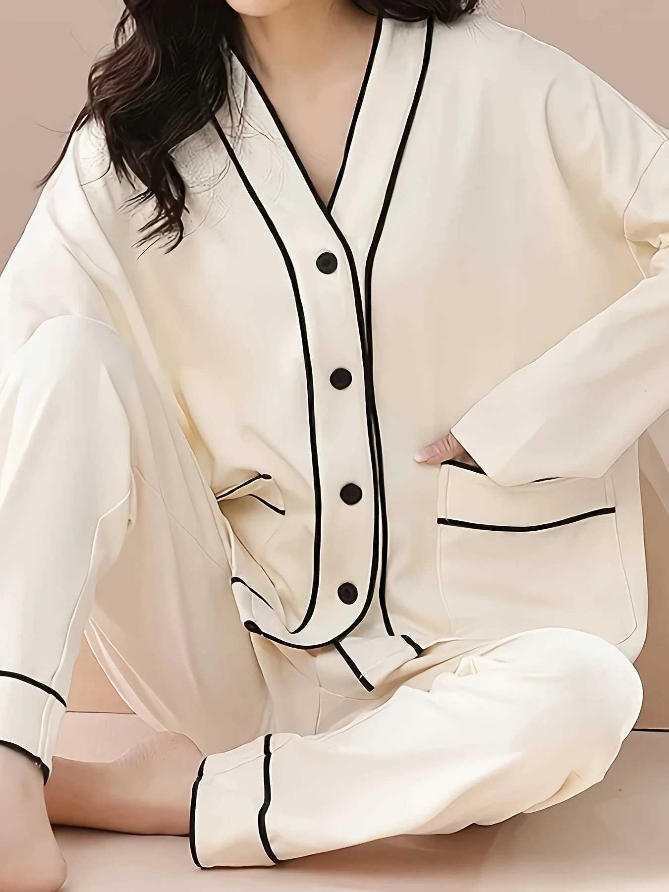 2Piece New Womens Pajama Set for Autumn Minimalist ColorBlock VNeck Elegant Cardigan Design Premium LoungewearT251029