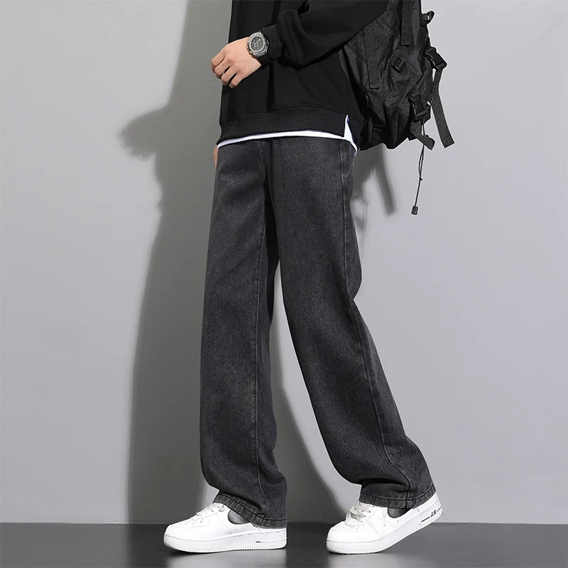 2025 Korean Mens Casual Long Jeans Classic Man Straight Denim Wideleg Pants Solid Color Light Blue Grey Black 251029
