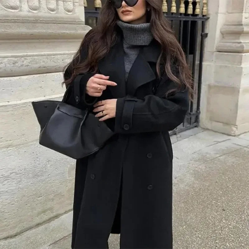 Fashion Belted Mini Maxi Overcoat For Women Elegant Lapel Wide Shoulder Single Breasted Jacket Lady Autumn Winter Outerwear 251028