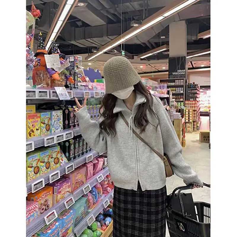 Lapel Double Zipper Sweater for Women in Spring and Autumn New Lazy Style Sweater Cardigan Stand Collar JacketT251028