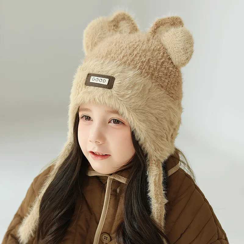 2024 Winter Plush Knit Beanie Hat for Girls Cute Ear Protection Pullover Hats Outdoor Windproof Kids Thickened Warm Cap 310Y251028