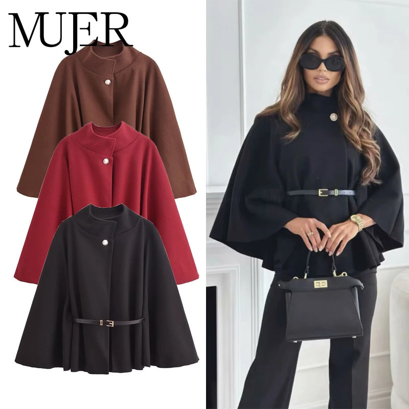 MUJER Belt Poncho Capes Women Black Cloaks Winter Coats Woman 2025 Bat Sleeve Cape Coats for Women Fashion Womens Cape Jacket 251029