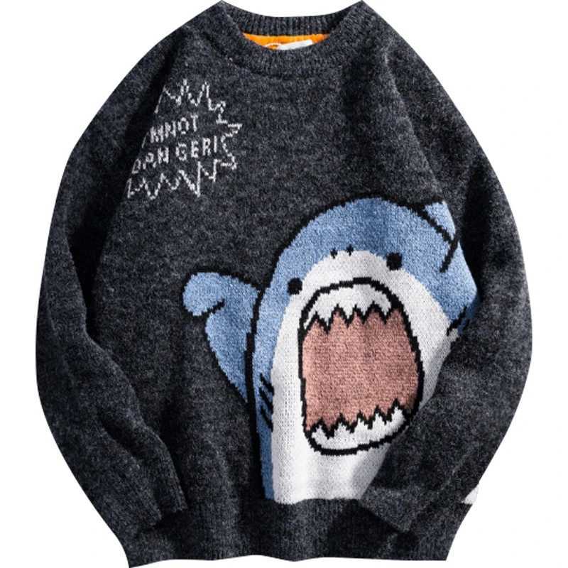 Shark Sweater Men Winter Cartoon Harajuku Korean Y2k Oversized Turtleneck Hip Hop Loose Knit Jumper Pullover High Collar Sweater J251029