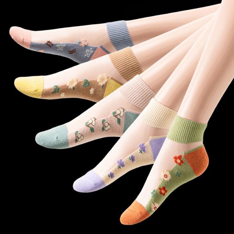 OC511001 Summer Thin Socks for Female Students Short Boat Socks Anti Hook Breathable Sweat Absorbing Sweet Plant Flower Pattern