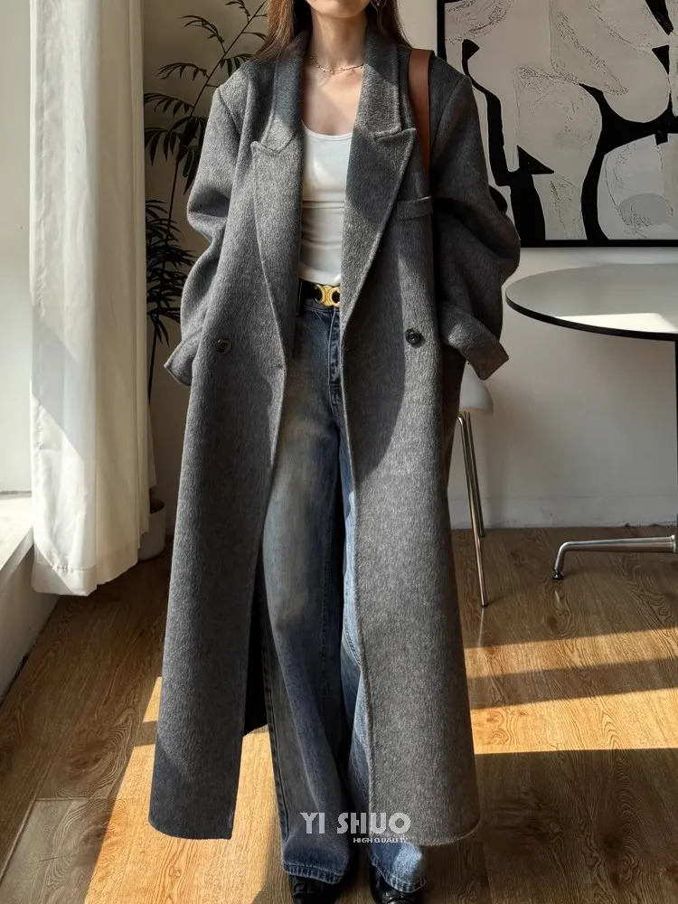 Long Loose Gray 100Wool Coat Women Korean Fashion Elegant Camel Winter Jacket 251028