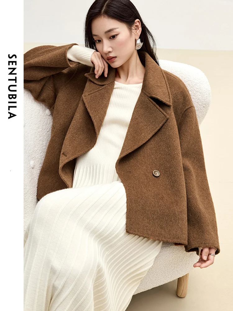 SENTUBILA Winter Short Woolen Jackets Women Outerwear Fashion Notched Collar Double Breasted Loose Coats Female W44O56123 251028