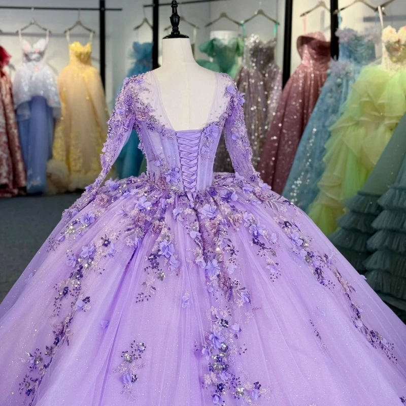 Light Lilac Shiny Princess Off the Shoulder Sweet 16 Dress Quinceanera Dresses Applique Flower Beads Tull Party Birthday Vestido