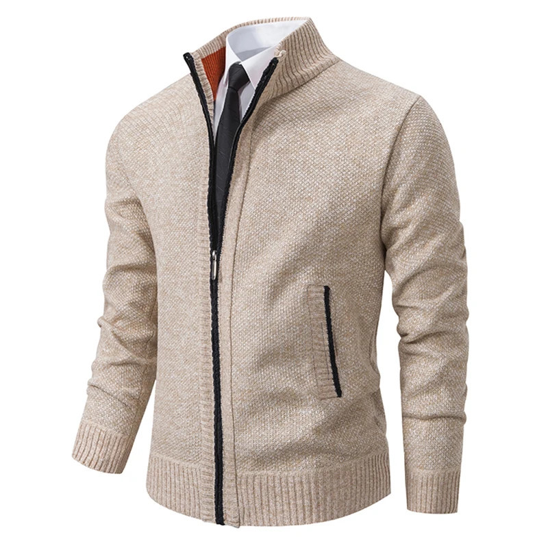Autumn And Winter Mens Casual Sports Coat Solid Color Stand Collar Wweater Grab Fleece Warm Zipper Cardigan i251029