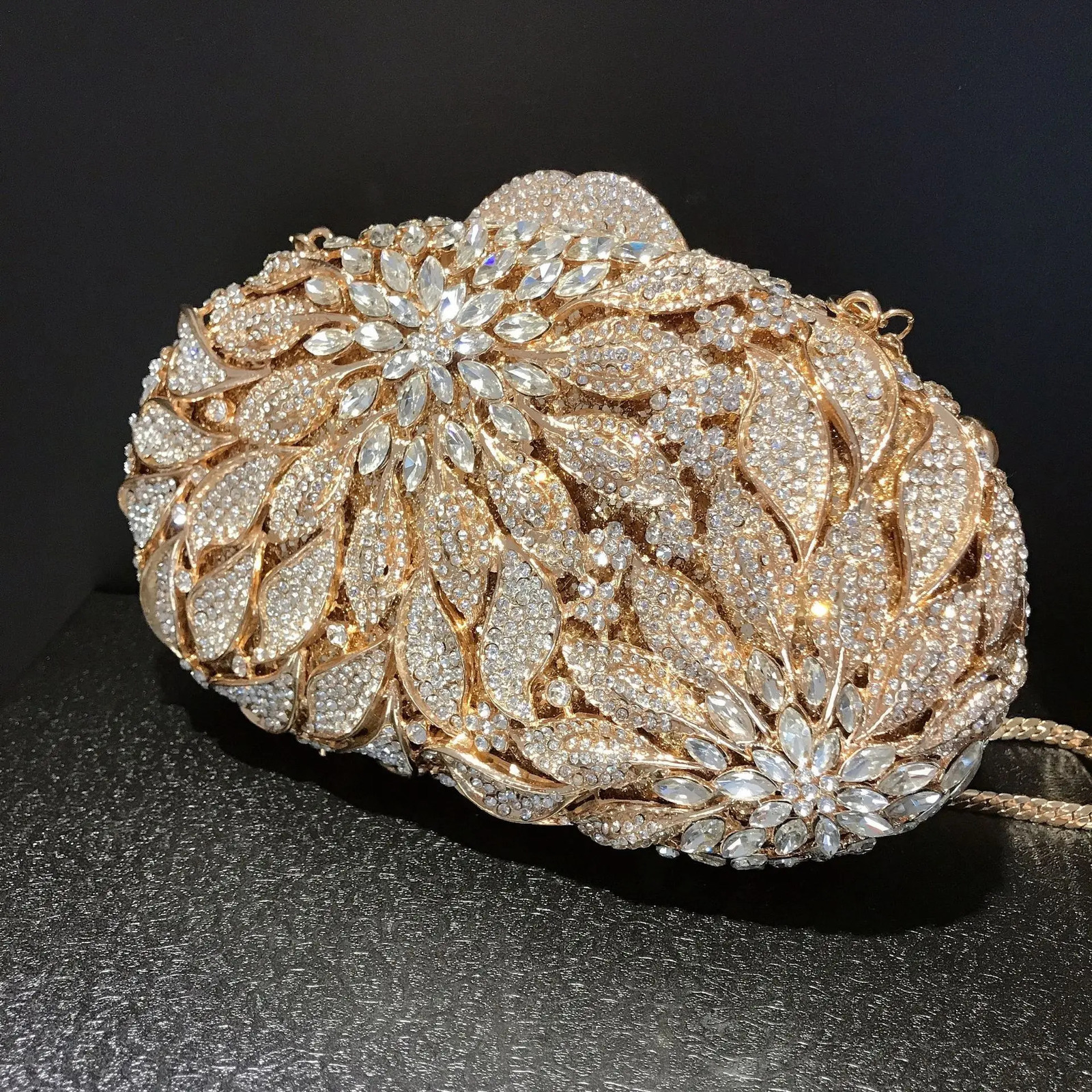 Gold Metal Leaves White Crystals Evening Clutch Bags Women Wedding Party Purse Ball Handbags Rhinestone Mini heart bag 251023CJ