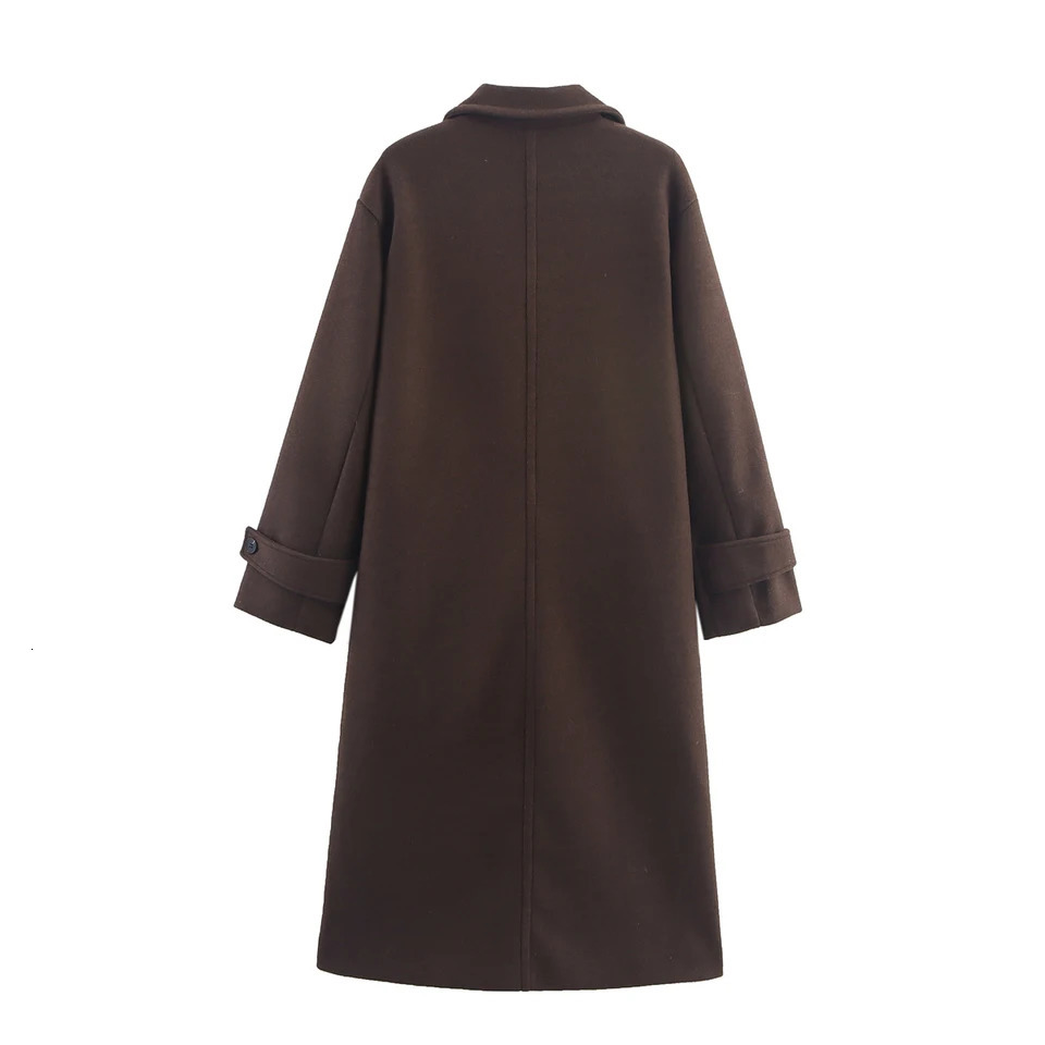 DUOPERI Autumn Winter Womens Brown Woolen Coat Warm Fashion Notch Neck Long Sleeves Female Elegance Chic Lady Outfits 251028