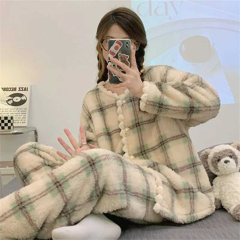 2025 New Flannel Plaid Sleepwear Women Winter Ruffles Pajama Pants Warm 2 Pieces Fluffy Button Night Wears Set Home WearT251029