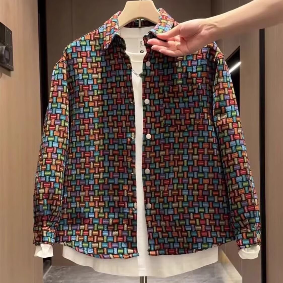 Spring And Autumn New Ethnic Style Casual Turn-down Collar Jacket Men's Designer Jacket Trendy Brand Color-woven Jacquard Plaid Shirt Cool Trendy