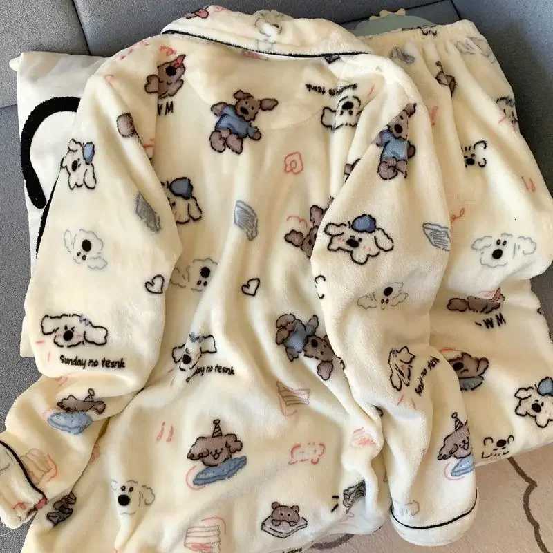 Plus Size Fluffy Winter Pajamas Womens Home Clothes Set Thickened Warmth Sleepwear with Running Dogs Design Cozy Indoor SuitT251029