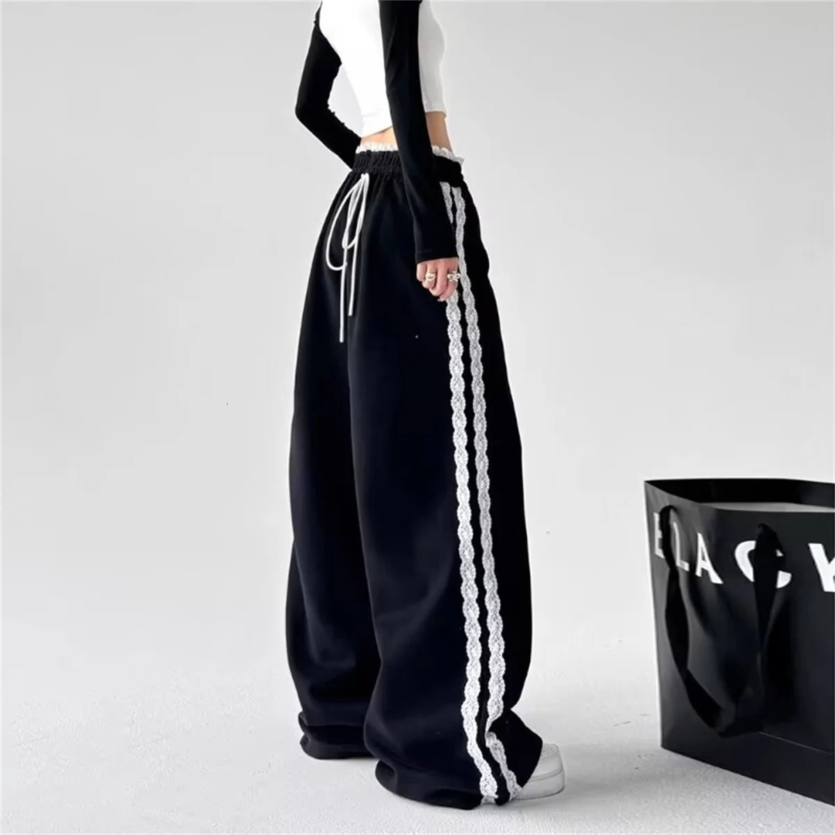 Harajuku Splice Drawstring Sports Casual Pants Womens Lace Patchwork Loose Wide Leg Long Trousers Fall Style Straight Match 251029