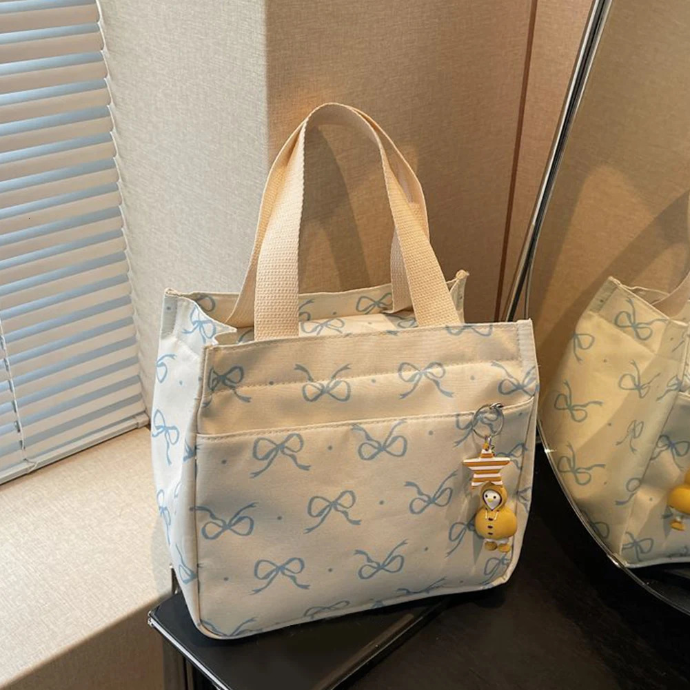 Canvas Lunch Bag Thermal Insulation Lunch Box Storage Handbag with Handle Casual Bow Print Tote Bag Lightweight Hobo Bag Picnic 251029