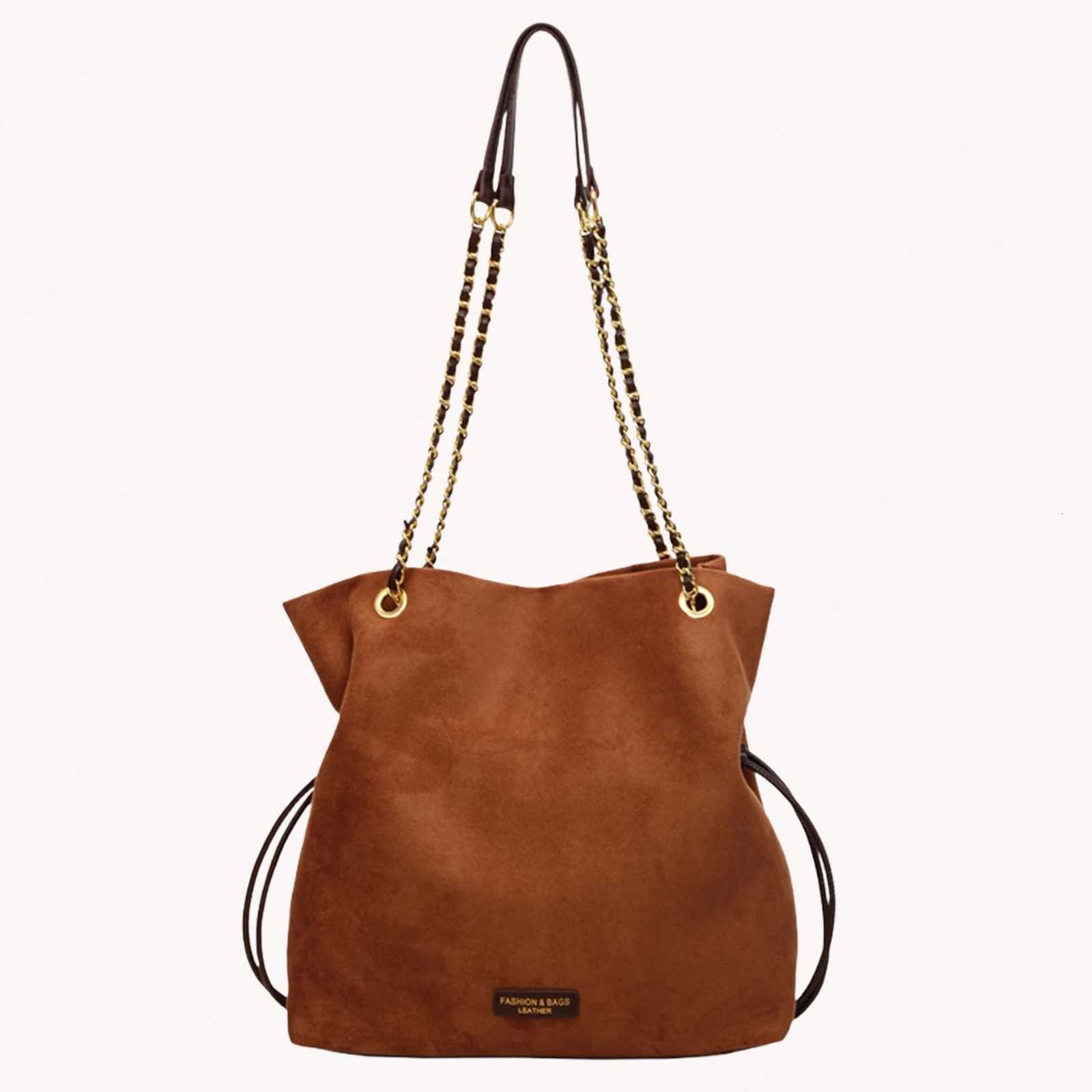 Faux Suede Bucket Bag Hasp Closure Small Tote Bag with Chain Strap TopHandle Purse Drawstring for Women Work Travel W251029