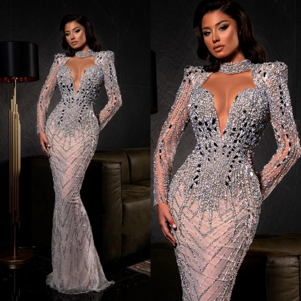 Luxury High Neck Wedding Dresses Pearls Crystal Bridal Gowns Illusion Beading Long Sleeves Mermaid Customized Vestidos De Novia Plus Size