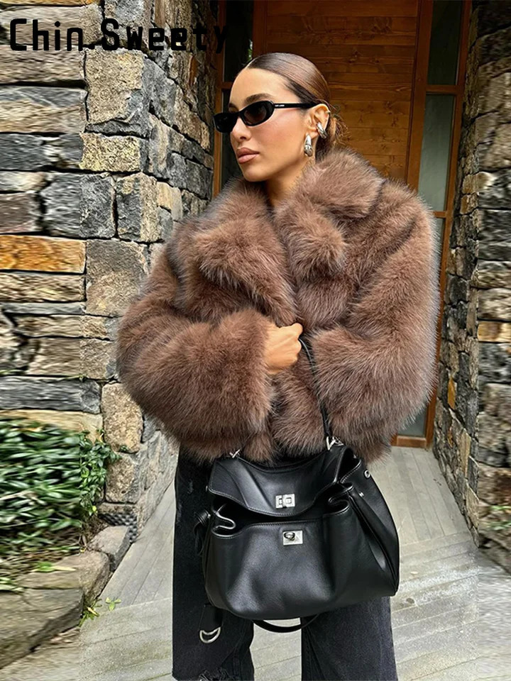 Fashion Solid Faux Fur Coat Women Loose Lapel Full Sleeve Street Outwears Autumn Winter Lady Furry Warm Outwear 251028