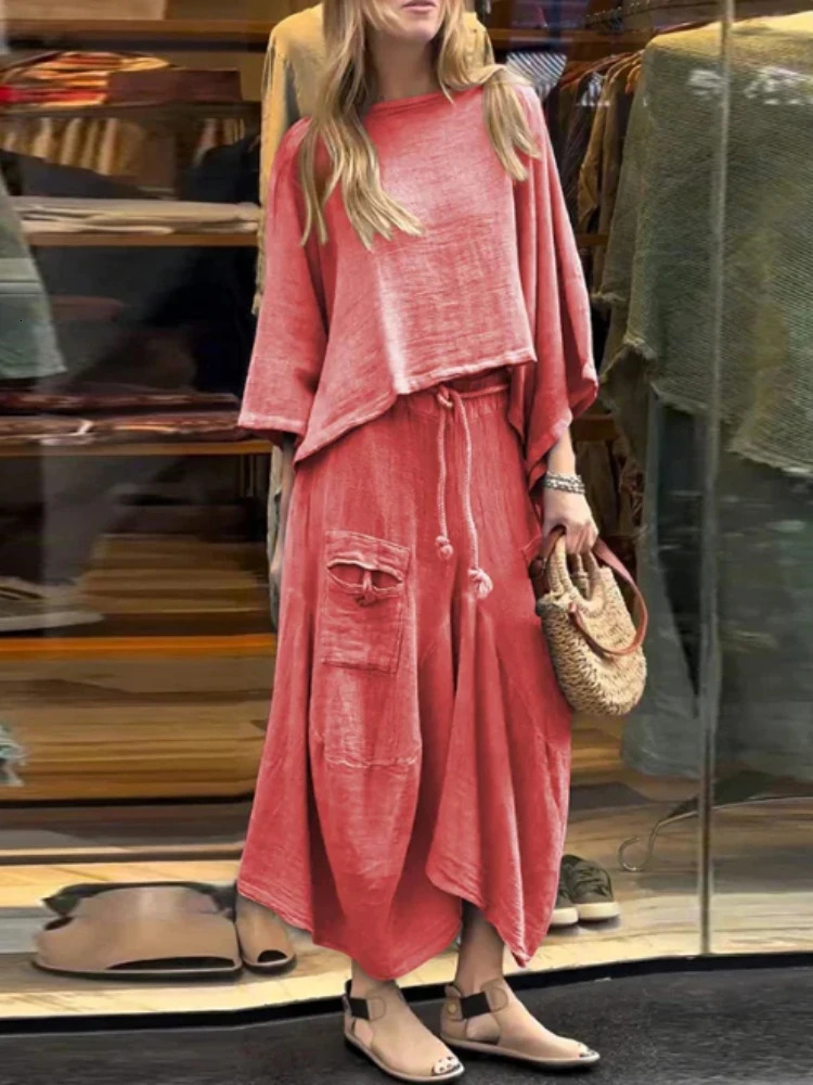 2024 Autumn Fashion Womens Cotton and Linen Loose Skirt Twopiece Set Solid Color Irregular Top Waist Pocket 251016