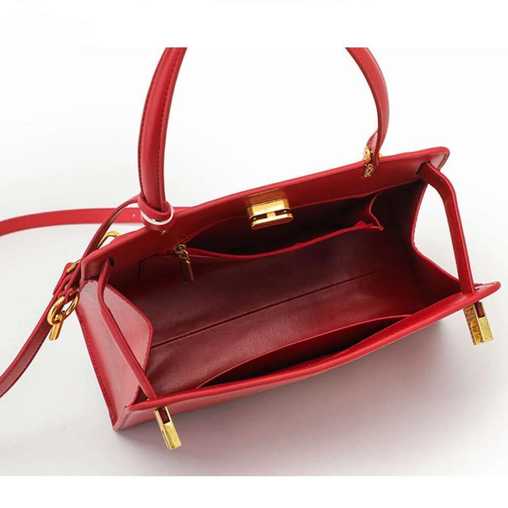 Fashion Chinese Red Dress Style Bride Tote Split Leather Women Shoulder Bag All match Commuter Office Ladies Handbag