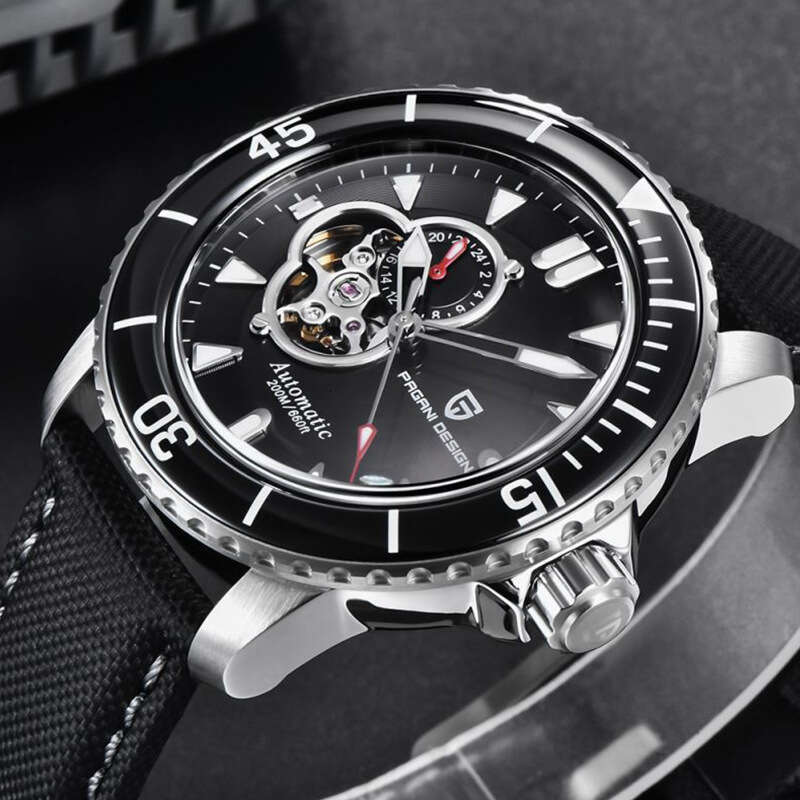 PAGANI DESIGN Men's Trendy Mechanical Watch Semi-Skeleton Simple Design Dial PD-1674