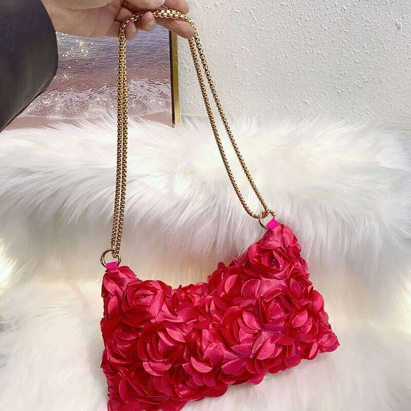 Designer Bags Niche Three-Dimensional Rose Flower Sequin Satin Chain Zipper Underarm Crescent Dinner Bag Luxury Bag