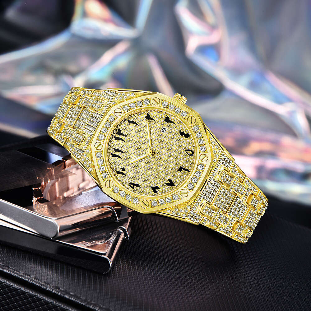 Men's Hip-Hop Diamond-Studded Brand Cool gold Calendar Quartz Watch Niche Light Luxury Style