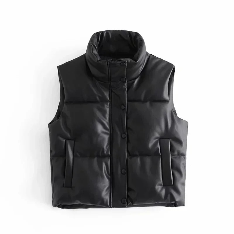 Autumn Winter PU Leather Coat Women Black Stand Collar Vests Women Fashion Zipper Elegant Short Vests Female Ladies 251029
