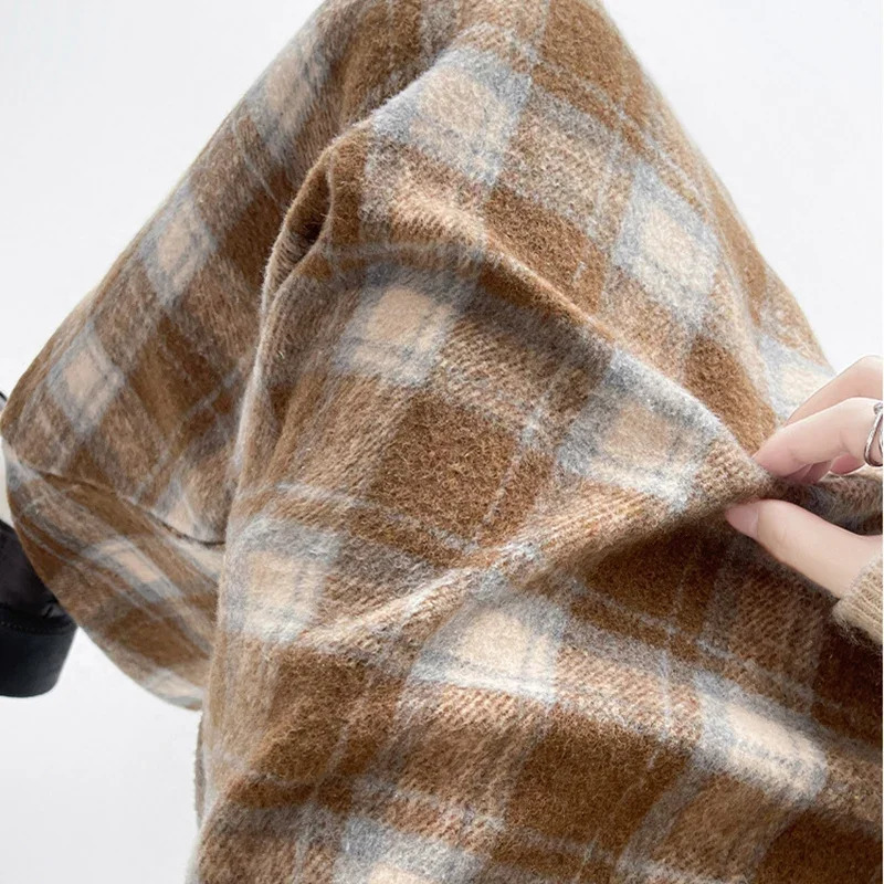 2025 Autumn Vintage Woolen Plaid Skirts Lady Elegant High Waist Slimming ALine Skirt Women Korean Streetwear Slit Long Skirt 251028