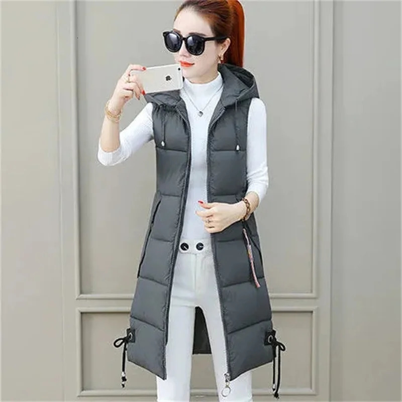 Autumn Winter Women Long Parkas Vest Warm Hooded Down Coat Parka Ladies Sleeveless Waistcoat Jacket Outwear 251029