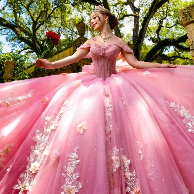 Pink Shiny Ball Gown Quinceanera Dresses Off The Shoulder Applique Flower Beads Corset Tull Party Birthday Sweet 16 Dress Vestidos 15 anos