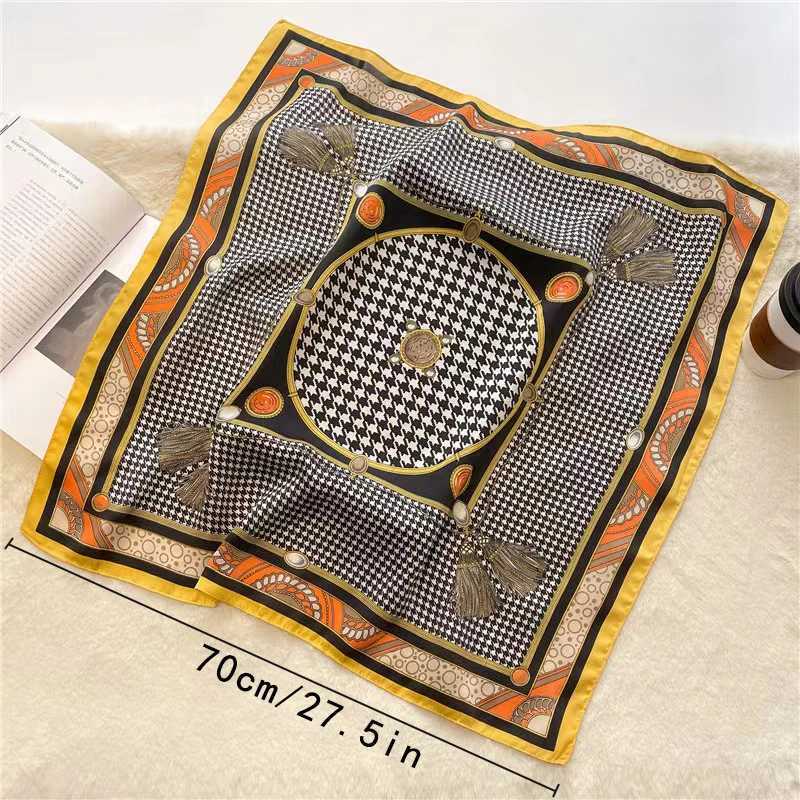 68cm Tassel Houndstooth Silk Scarf for Women Imitation Silk Light Luxury Versatile Headwear Clothing Square ScarfW251029