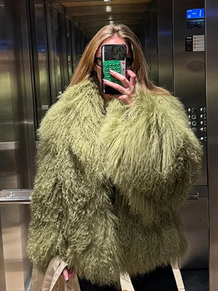 Fashion Green y Fluffy Faux Fur Jacket Women Lapel Long Sleeve Loose Warm Coat Winter Lady High Street Outerwear 251028