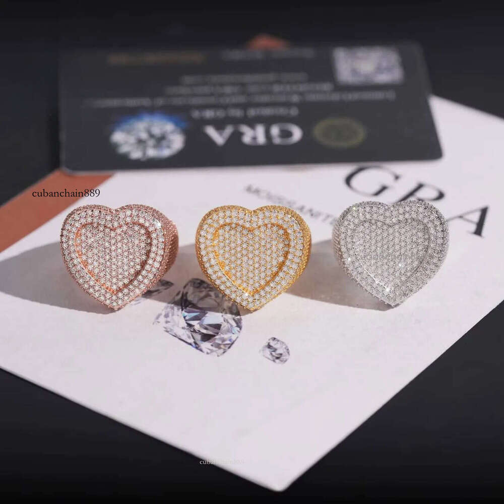 Hip Hop Jewelry VVS Moissanite Stone Sterling Sier Heart Shaped Ring Men Pass Dia Tester Gra Certified
