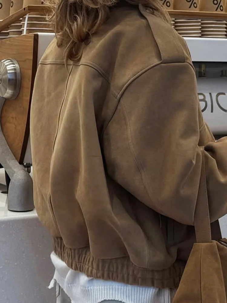 Thicken Suede Jackets Women Loose Lapel Long Sleeves Zipper Elastic Band Coats Female Autumn Chic Commute Solid Outwears 251028