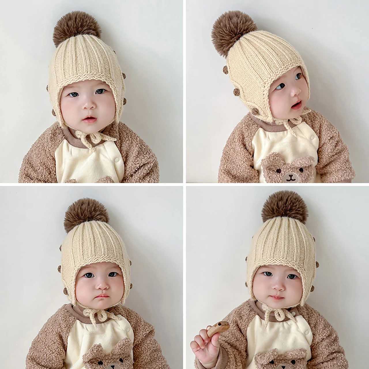Pompom Beanie For Baby Earmuffs Cap Winter Warm Kids Woolen Knit Hats 12Year Boy Girl Ear Protection Hat Toddler Ties Bonnet251028