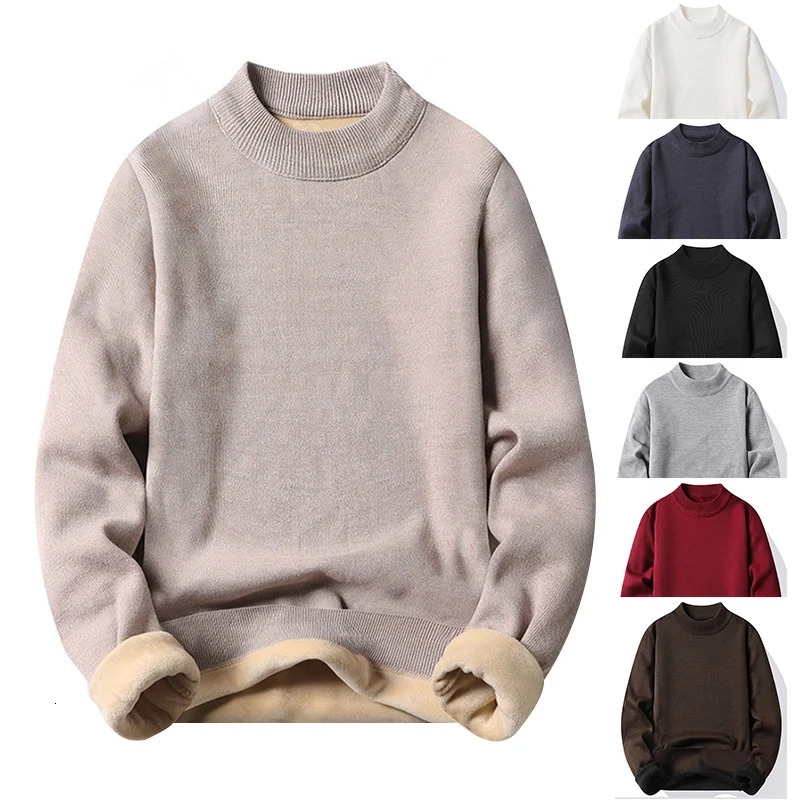 Winter Mens Knitted Sweater with A Half High Collar Solid Color Plush and Warm Knitted Lining Top Casual and Versatile Top 251029