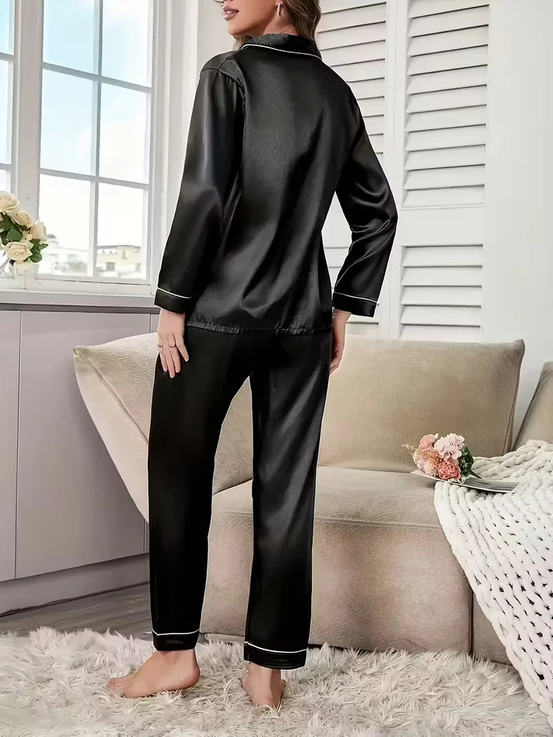 Autumn Winter Silk Pajamas Set for Women Casual Soft Breathable and Relaxed Fit Long Shirt Tops and Long Pants Sleepwear 251029