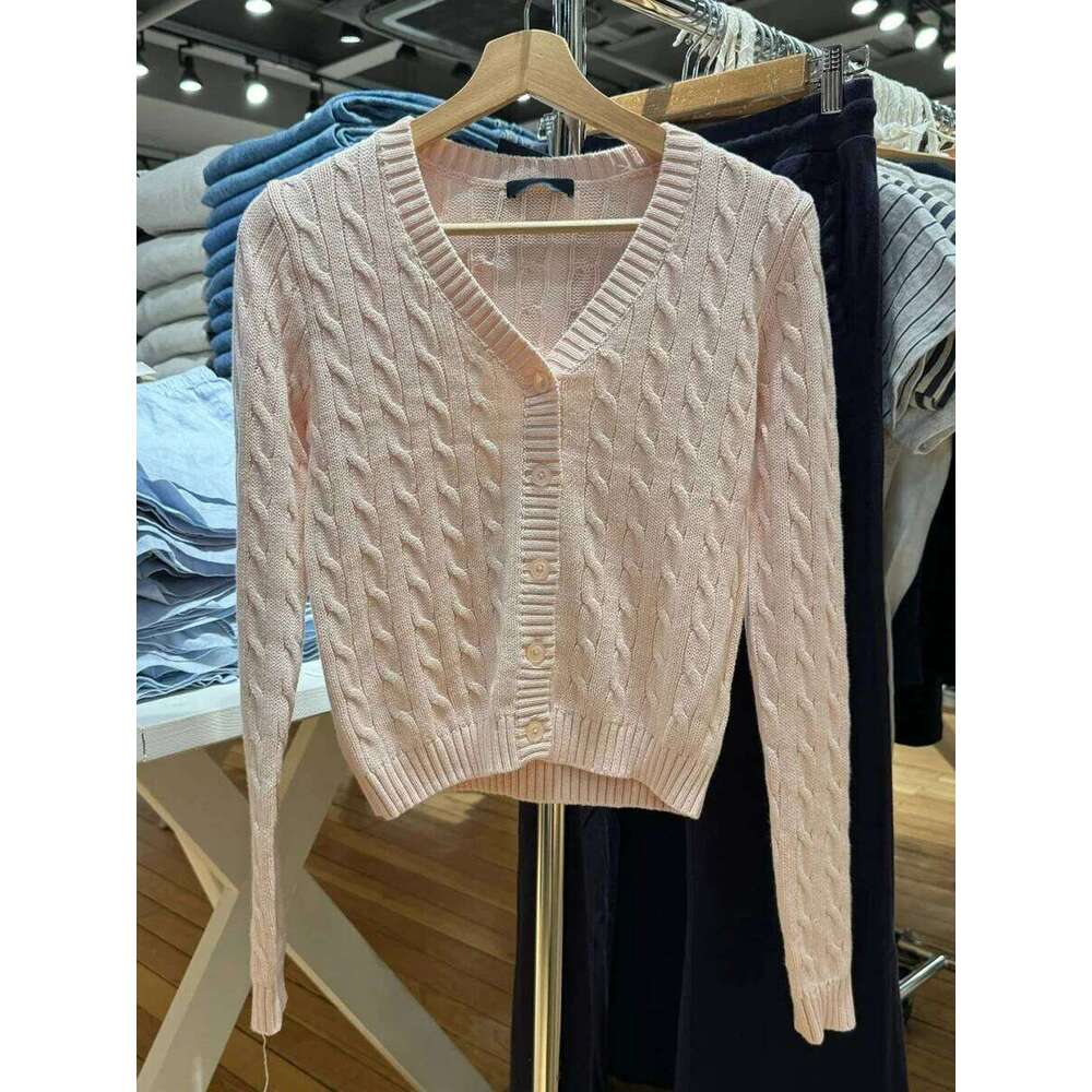 New Pink Twisted Flower Sweater Cardigan Autumn Long Sleeve V-Neck Single Breasted Knitcoat Solid Simple Cotton Sweet Sweaters