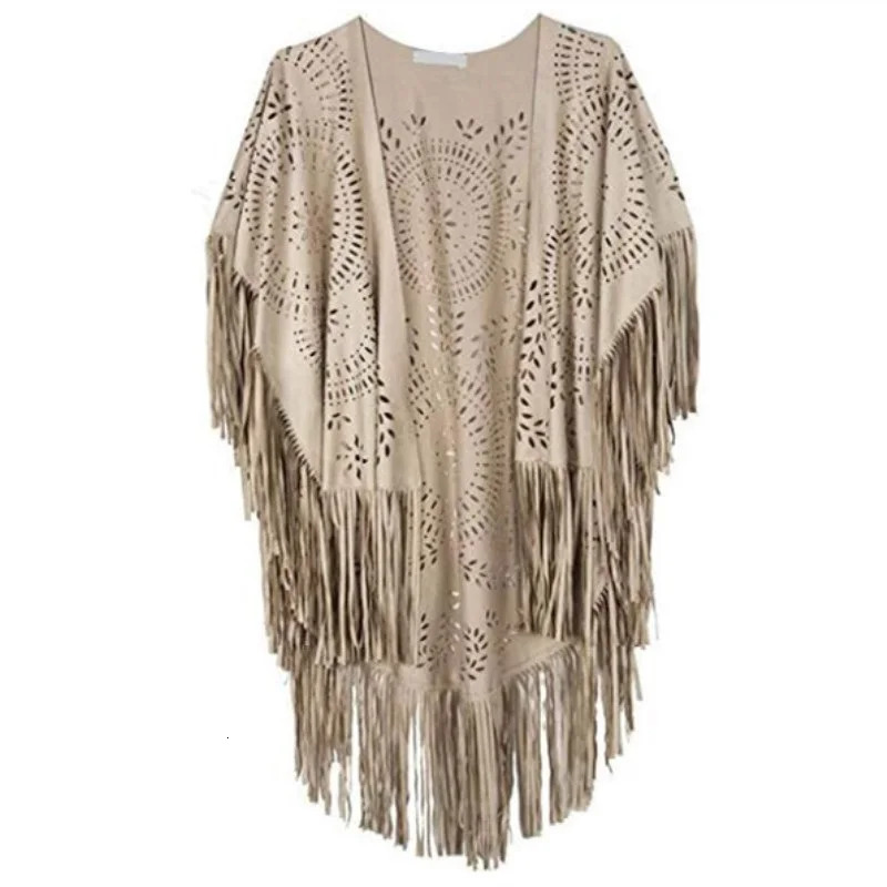 Camel Suede Floral Hollow Out Fringe Tassel Shawl Women Vintage Capes Ponchos Autumn Bohemian cardigan Cloak Boho Capes 251029