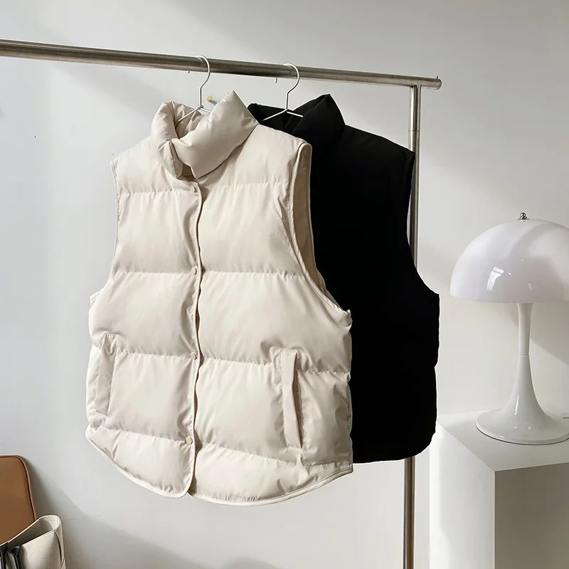 2025 Women Vest Coat Stand Collar Winter Women Warm Coat Oversize Tops Beige Vest Chaleco Mujer Gilet Casaco Feminino 251029