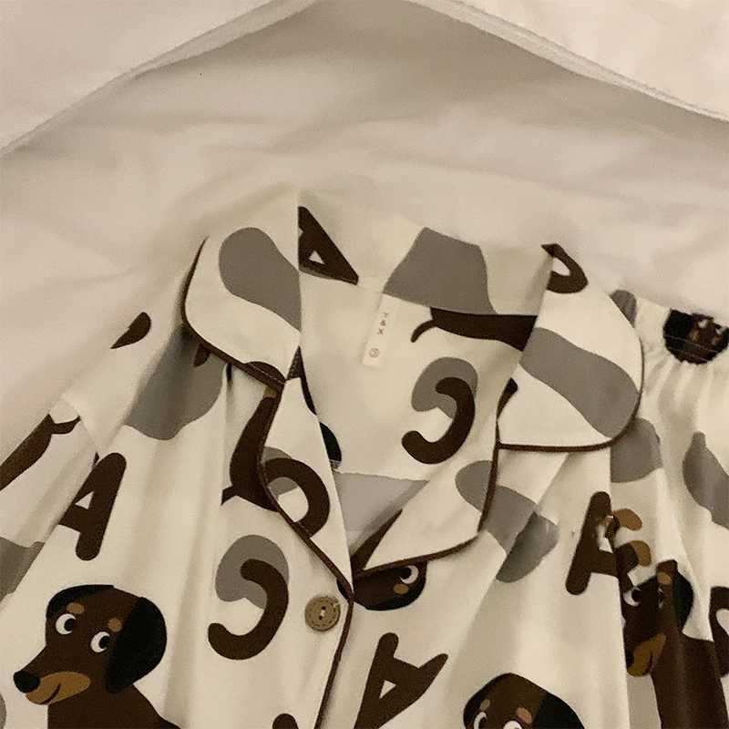 Spring Autumn 2024 Long Sleeve Womens Pajamas Set Cute Dachshund Teckel Print Cotton Two Pieces Full Length Pants Loose 43933T251029
