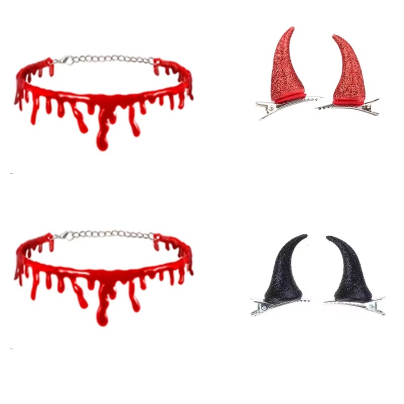 4 pieces of devilish Dark style jewelry collection: including blood-red tassel collars, red and black devilish horn hair clips for character dressing 