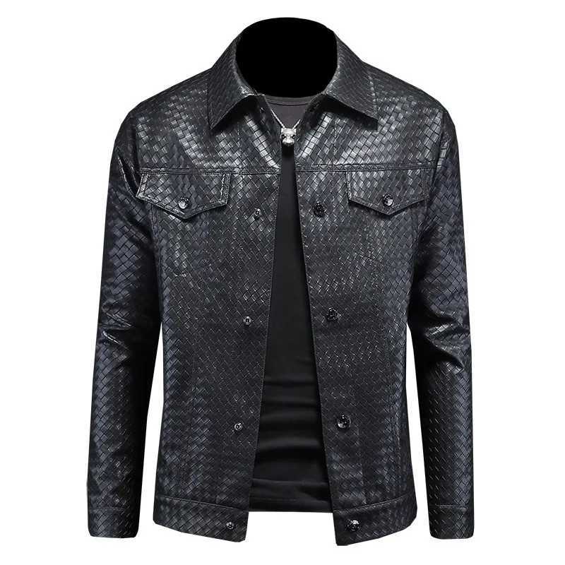 2025 New Plaid Embossed Faux Leather Motorcycle Jacket Mens Casual Autumn Coat 5XLT251029